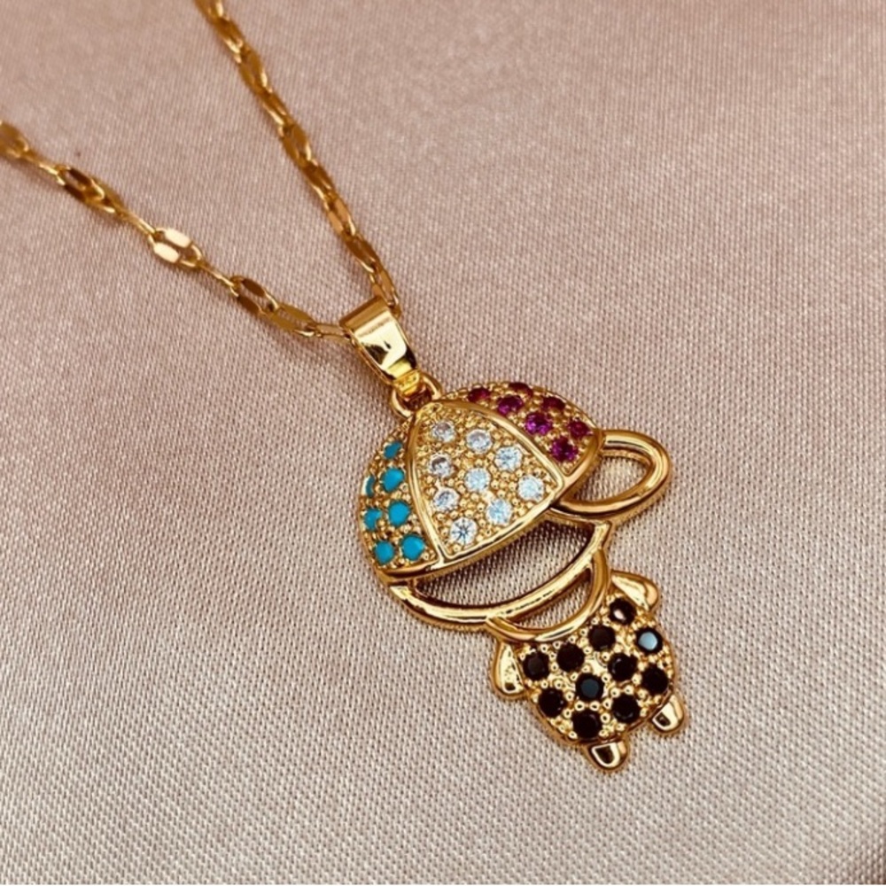 18K Gold-Titanium Pave CZ Boy Charm Dainty Chain Necklace